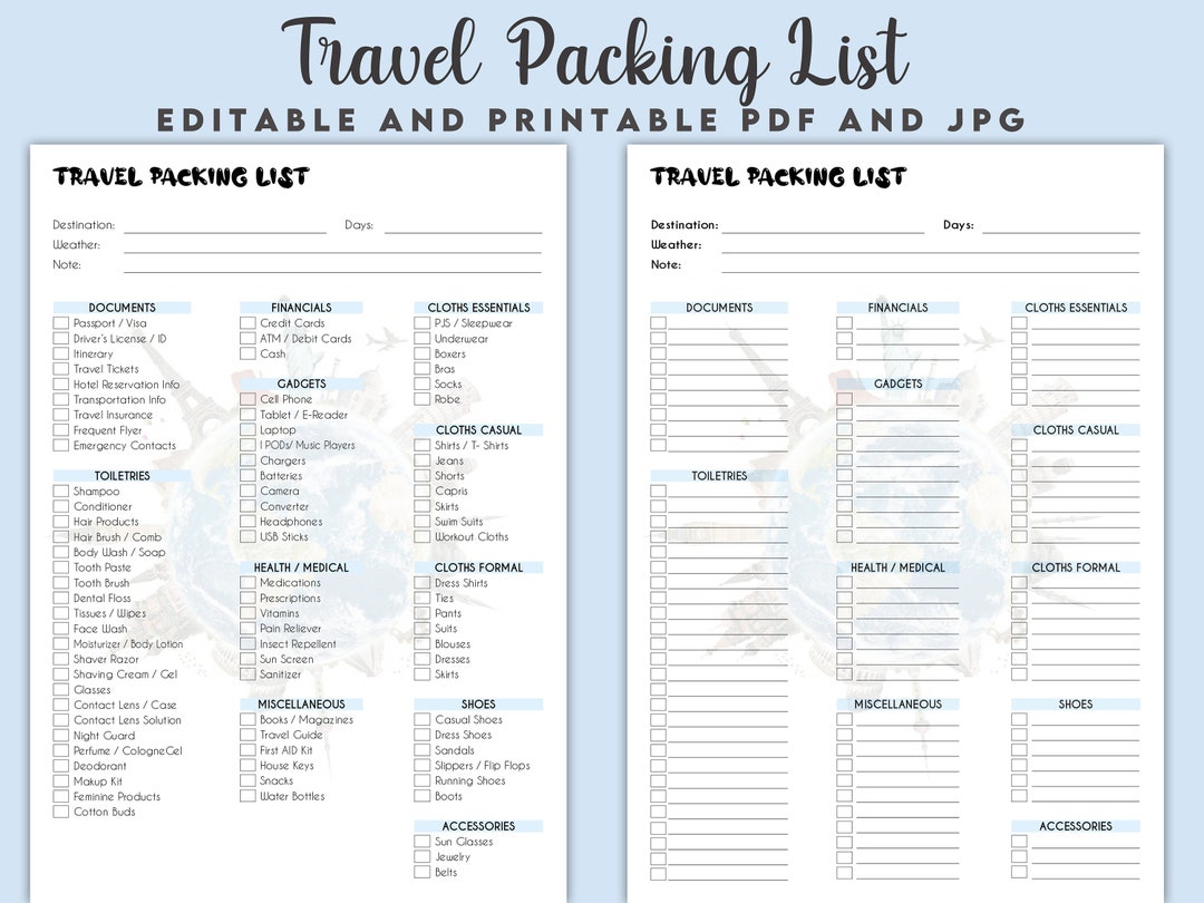 Editable Travel Packing List Travel Packing List Printable Etsy