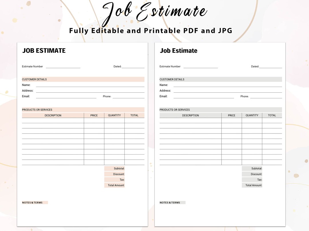 Editable Job Estimate Template Editable and Printable - Etsy