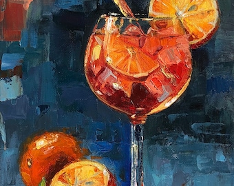 Glass of Aperol painting, Original art, Orange painting, Mother's day gift, 18Х24cm, Palette Knife painting by Helen ArtBohemiaGallery