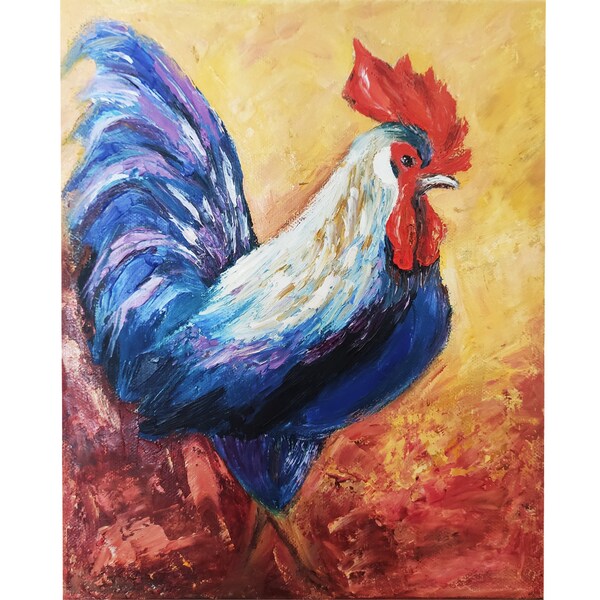 Peinture originale de coq, oeuvre de poulet ferme, peinture à l'huile animale abstraite coq coq, peinture petite oeuvre 9 x 12 Tatiana