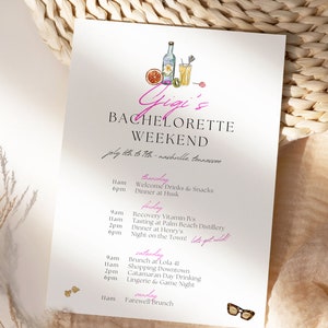 GIGI Bachelorette Itinerary Template | One-Sided | Chic Illustration Weekend Schedule | Bach Weekend Printable - Includes Mobile Template