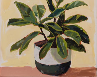 May include: A painting of a potted plant with large, green leaves. The plant is in a white and black pot and is sitting on a light brown surface. The background is a light yellow.