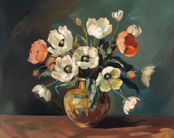 White Poppies Still Life Art Print: Teal Abstract Floral (Digital Art)