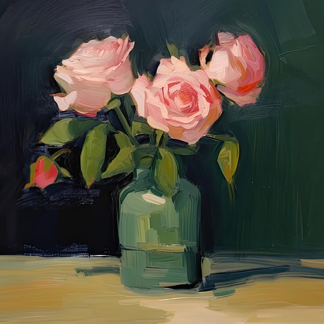Moody Pink Roses in Green Vase | Floral Art Print | Elegant Wall Art ...