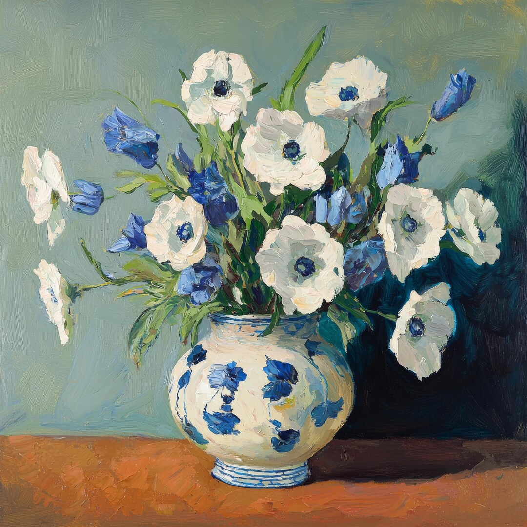 Floral Vase Art Print: Blue Delphiniums, White Anemones (digital ...