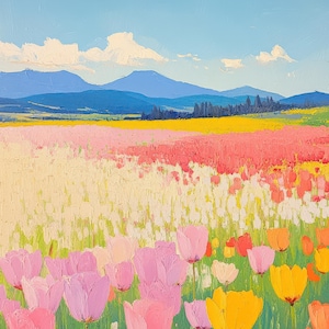 Colorful Tulip Field Digital Art Print | Flower Landscape Wall Decor | Bright Printable Art | Instant Download | Printable Art | Digital Art
