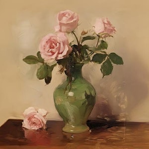 Antique Oil Painting of Pink Roses in a Vase | Rose Art Print | Rose Oil Painting | Rose Wall Art | Roses | Instant Download | Printable Art