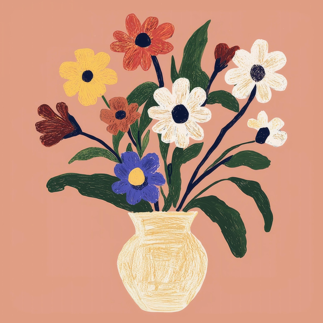 Abstract Floral Vase Digital Art Print | Colorful Hand-drawn Flowers ...