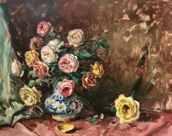 Antique French Rose Oil Painting in Vase (Instant Download)