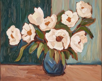 Peonies in Blue Vase Art Print: Impressionist Floral Still Life (Digital Art)