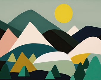 Moon Over Mountains | Abstract Landscape Artwork | Minimalist Artwork | Bold Colors | Instant Download | Printable Art | Digital Art