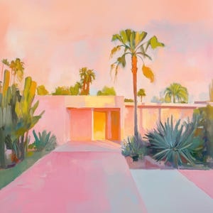 Palm Springs Art Print | Midcentury Desert House | Pink Modern Home Wall Art | Digital Download | Instant Download | Printable Art