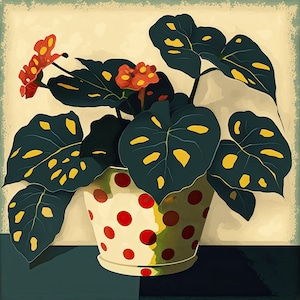 Op de afbeelding: Een plant in een pot met donkergroene bladeren en gele markeringen. De plant staat in een witte pot met rode stippen.