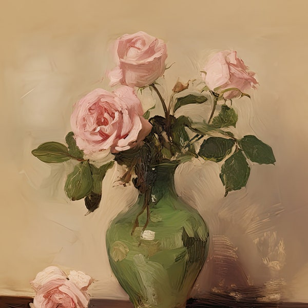 Antique Oil Painting of Pink Roses in a Vase | Rose Art Print | Rose Oil Painting | Rose Wall Art | Roses | Instant Download | Printable Art