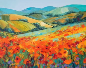 California Poppies Landscape Abstract Art Print | California Superbloom Art Print | Abstract Landscape | Instant Download | Printable Art