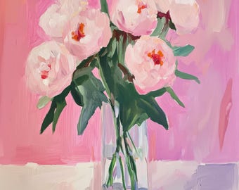Stillebenkonsttryck med rosa pioner: Ljus blommig väggdekoration (digital nedladdning)