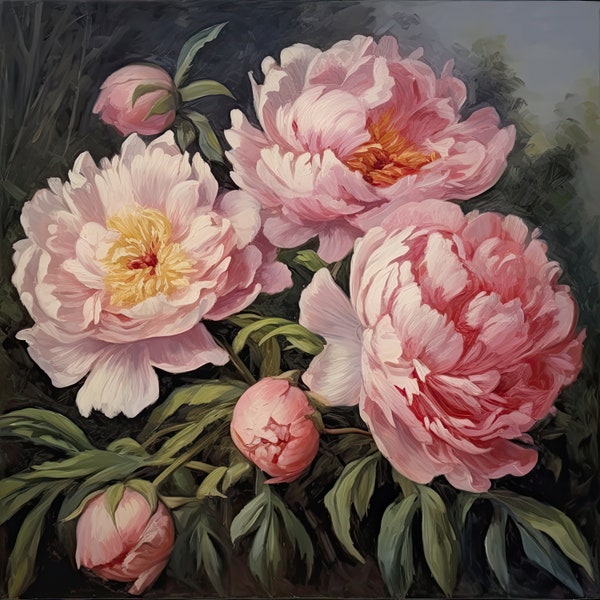 Antique Oil Painting of Pink Peonies | French Artwork | Antique Art | Peony Art Print | Peony Painting | Instant Download | Printable Art