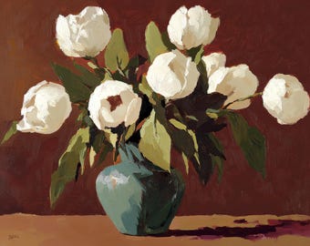 May include: A bouquet of white flowers in a teal vase. The flowers are arranged in a loose, natural style, and the vase is a simple, elegant design. The background is a warm brown color.