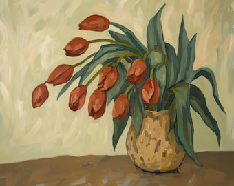 Stimmungsvolle Rote Tulpen Vintage Kunstdruck: Malerisches Blumen Stillleben (Digitaler Download