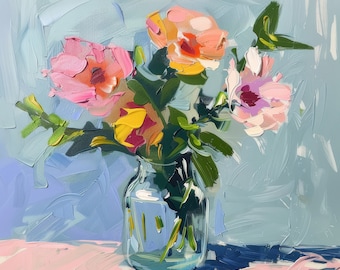 May include: A bouquet of pink, yellow, and purple flowers in a clear glass jar on a pink surface. The flowers are arranged in a loose, natural style.