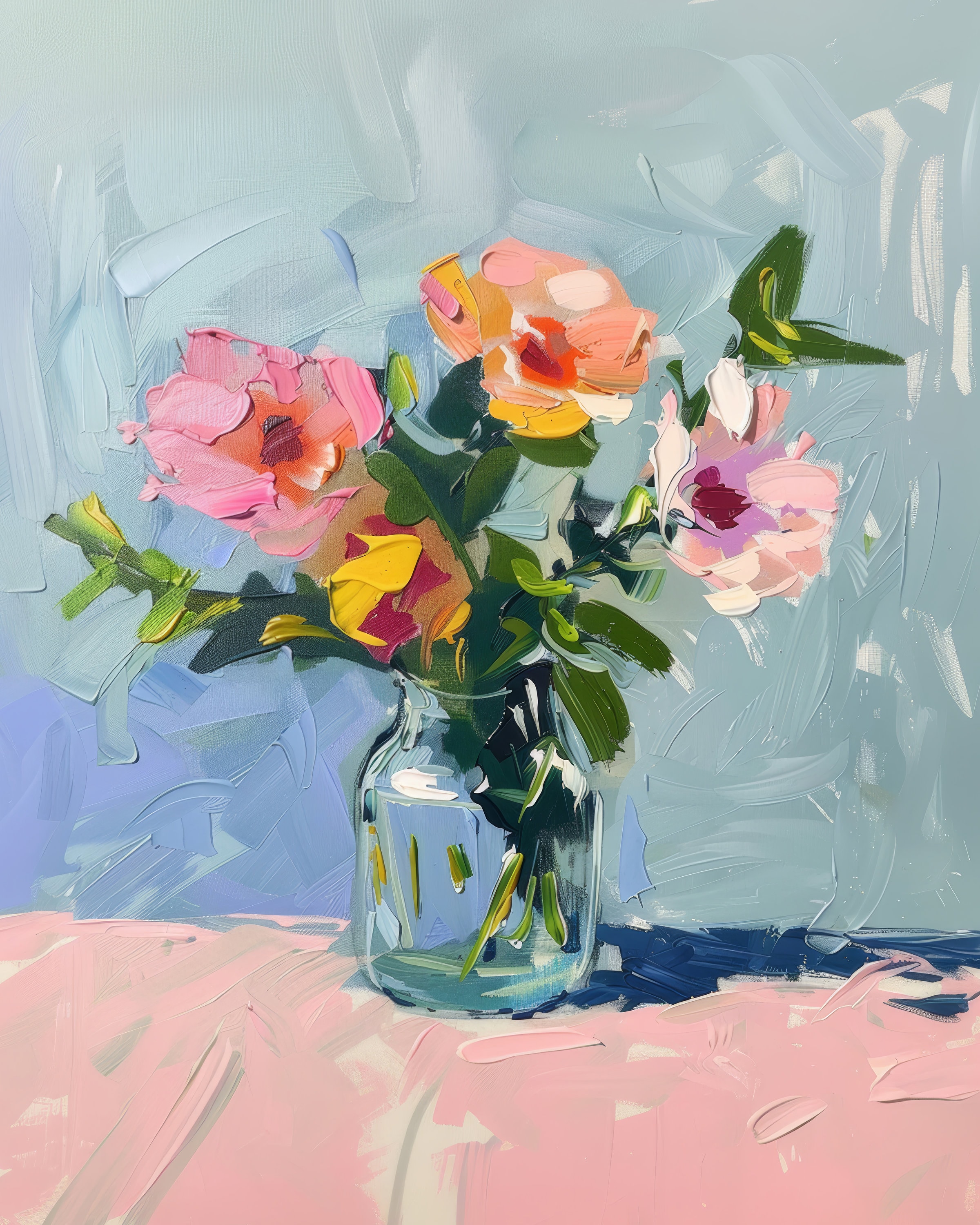 絵画 Oil painting of beautiful flowers. Amazon.com: Artery8 Teal Pink Yellow Flowers Bright Elegant