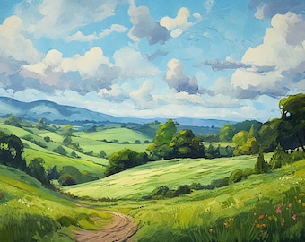 Rolling Hills Landscape Art Print: Abstract Impressionist Painting (Digital Art)