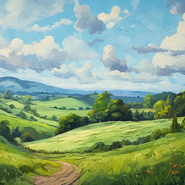 Abstract Impressionist Landscape Art Print | Rolling Hills Landscape Art | Clouds Art Print | Instant Download | Printable Art | Digital Art