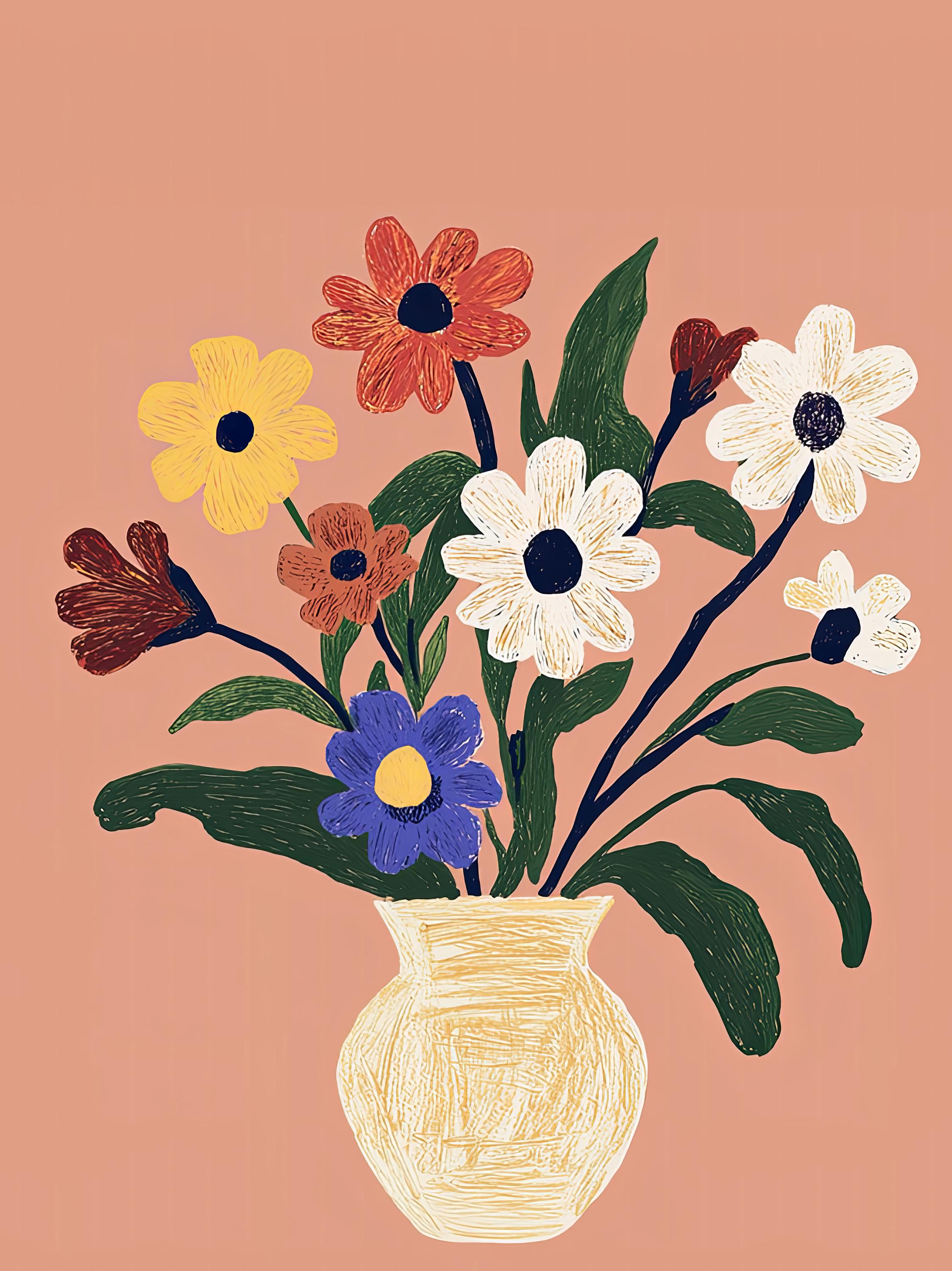 Abstract Floral Vase Digital Art Print | Colorful Hand-drawn Flowers ...