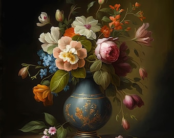 Rococo Floral Oil Painting: French Antique Still Life (Instant Download)