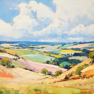 Puede incluir: Una pintura de un paisaje ondulado con campos verdes y amarillos, un cielo azul con nubes blancas y algunos árboles en primer plano.