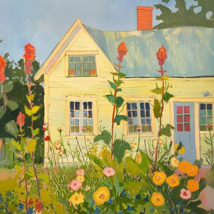 Cottage Garden Art Print: Abstract Wildflower House Painting (digital ...
