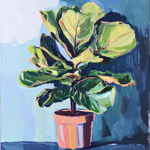 May include: A painting of a fiddle leaf fig plant in a terracotta pot. The plant has large, green leaves with a light blue background.