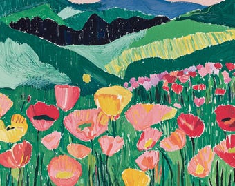 Poppy Field Impressionist Landscape Art Print (Digital Download)