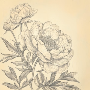 Vintage Botanical Peony Line Drawing | Elegant Floral Sketch |  Black and White Flower Art | Instant Download | Printable Art | Digital Art