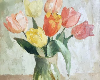 Lámina impresionista de tulipanes vintage: Naturaleza muerta floral (descarga digital)