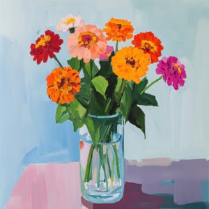 Bold Zinnia Print | Zinnias in a Blue Vase Painting | Maximalist Botanical Decor | Instant Download | Printable Art | Digital Art