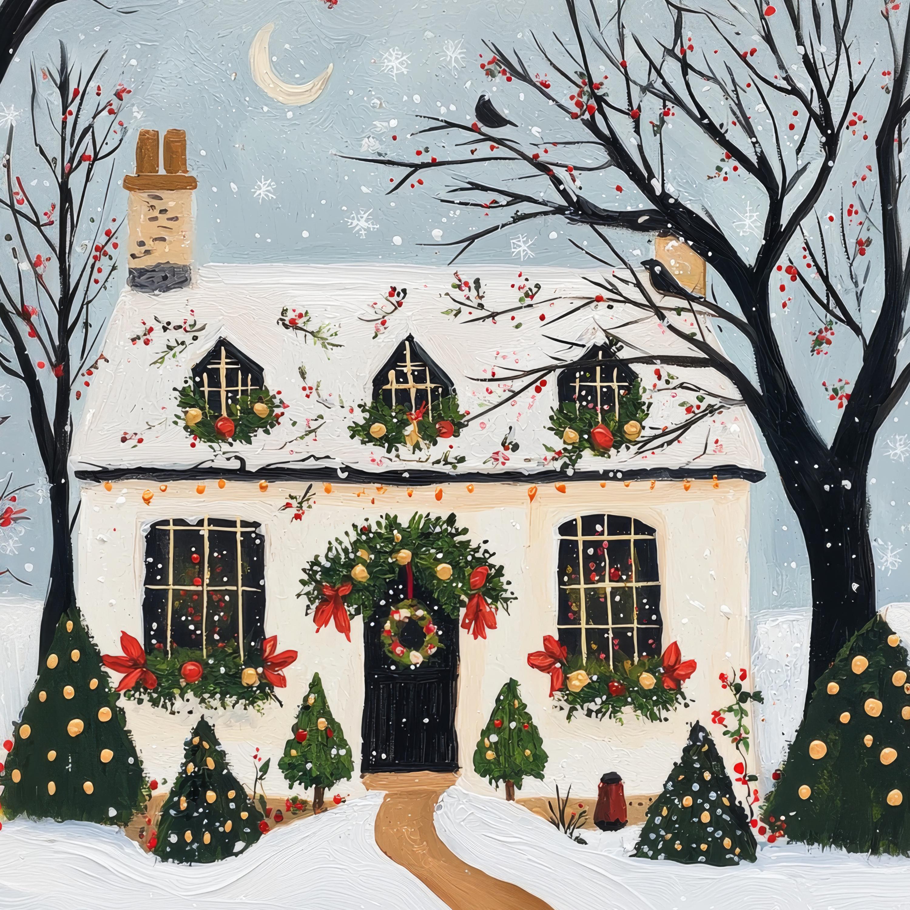 Christmas Cottage Digital Art Print | Festive Winter Home Scene | Cozy Holiday Snowy House Decor | Xmas Decor | Printable Art | Digital Art