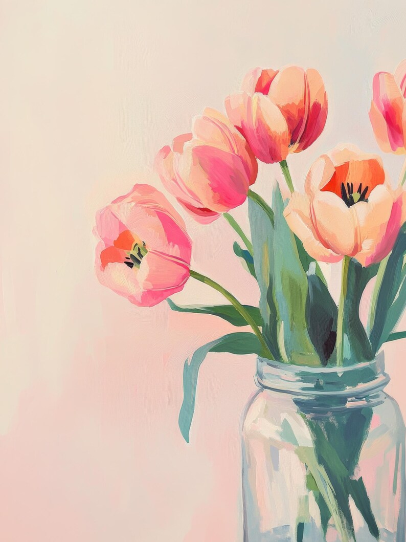 Pink Tulip Bouquet Art Print: Minimalist Floral Wall Decor (digital ...