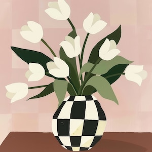 White Tulips Art Print: Checkered Vase, Minimalist Floral (Instant Download)