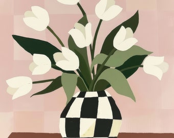 White Tulips in a Checkered Vase | Floral Art Print | Minimalist Art Print | Pink Art Print | Checker Art | Instant Download | Printable Art