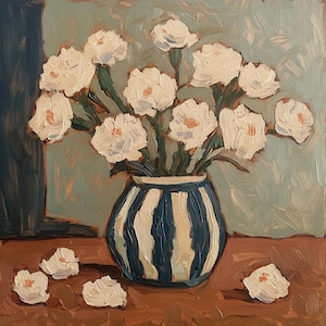 Vintage Floral Still Life Painting: Carnations in Striped Vase (Digital Art)