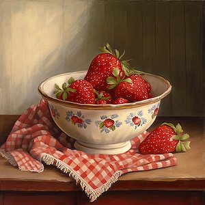 Erdbeeren in einer Vintage Schale | Stillleben | Antikes Kunstwerk | Vintage Kunstwerk | Cottagecore | Bauernhaus | Sofortdownload | Druckbare Kunst