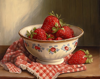 Strawberries in a Vintage Bowl | Still Life | Antique Artwork | Vintage Artwork | Cottagecore | Farmhouse | Instant Download | Printable Art