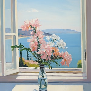 May include: A bouquet of pink and white flowers in a clear glass bottle sits on a white windowsill. The window is open, revealing a view of a blue ocean and a distant coastline.