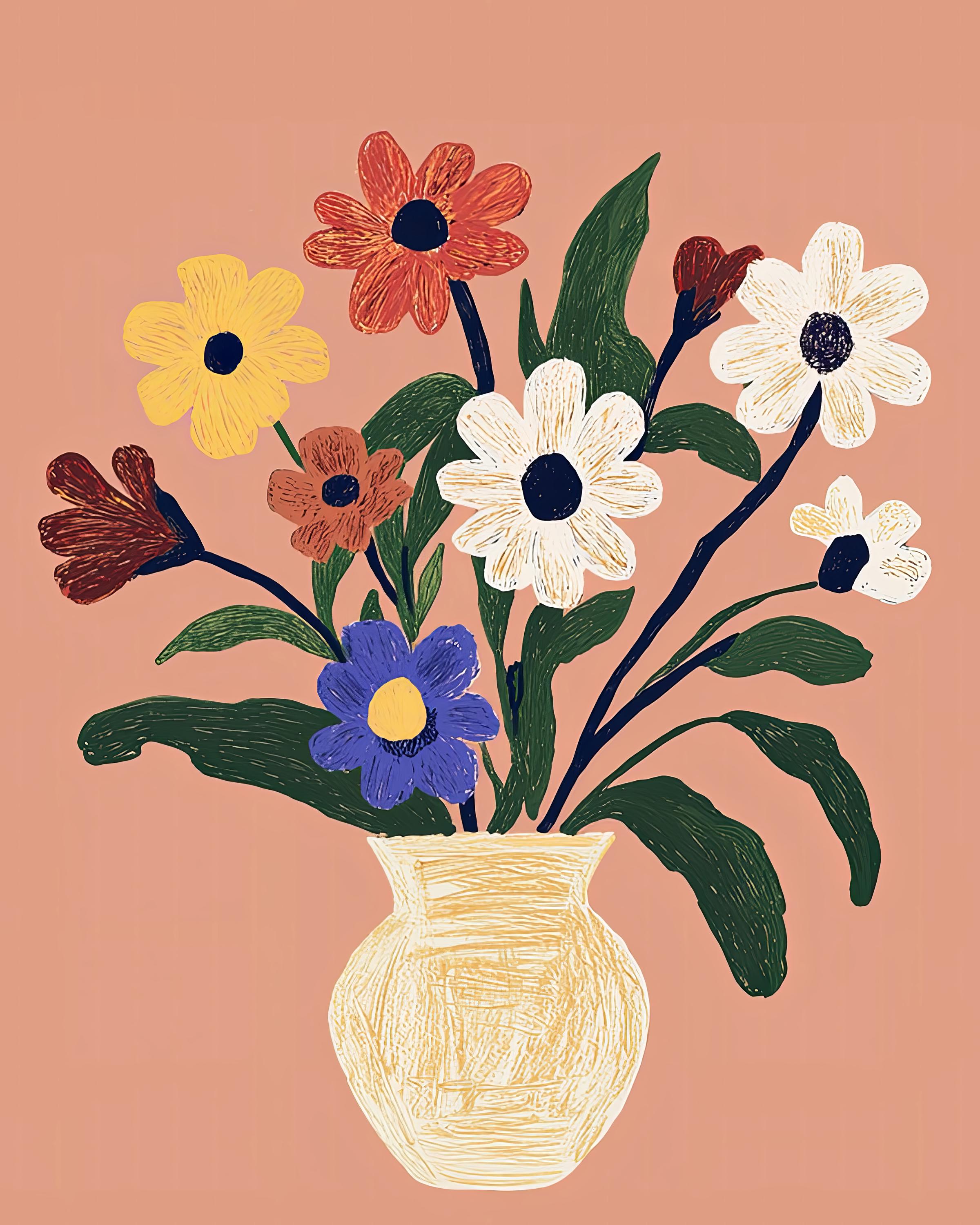 Abstract Floral Vase Digital Art Print | Colorful Hand-drawn Flowers ...