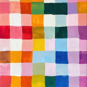 Puede incluir: Obra de arte abstracta con una cuadrícula de cuadrados coloridos. Los cuadrados están pintados en una variedad de tonos, incluyendo rojo, rosa, naranja, amarillo, verde, azul y morado. Las pinceladas son visibles, agregando textura a la pieza. La obra tiene una estética moderna y vibrante.