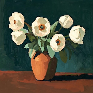 May include: A bouquet of white flowers in a terracotta pot against a dark green background. The flowers are arranged in a vase with a rounded shape.
