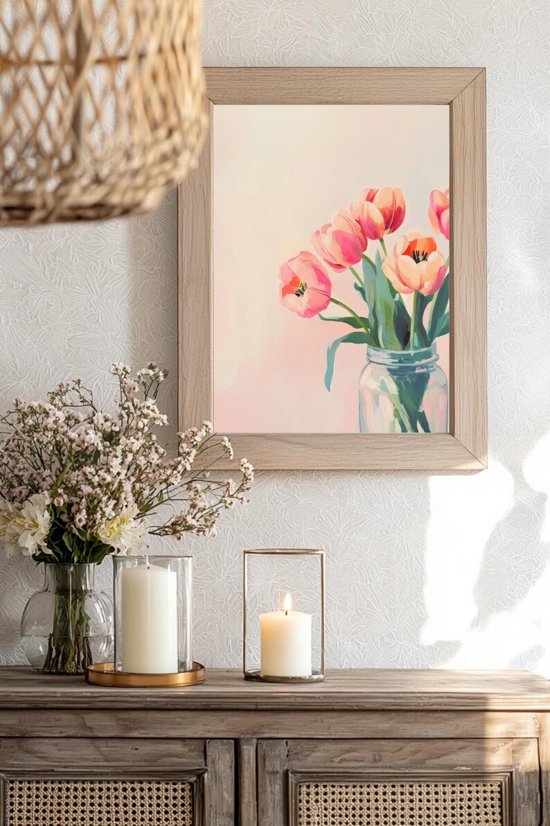 Pink Tulip Bouquet Art Print: Minimalist Floral Wall Decor (digital ...