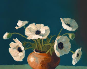 White Poppies Abstract Art Print | Still Life | Floral Artwork | Abstract Floral | Teal | Instant Download | Printable Art | Digital Art