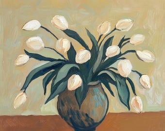 White Tulips Painting: Moody Floral Still Life Art (Digital Print)